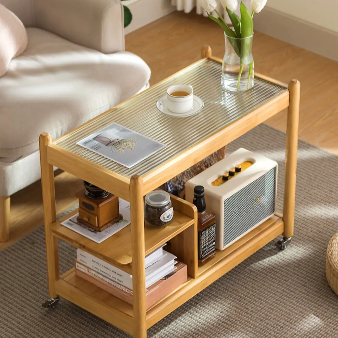 Rectangular Wide Nut-Brown Glass Top Side Table with Wheels Image - 2 | homeyfad
