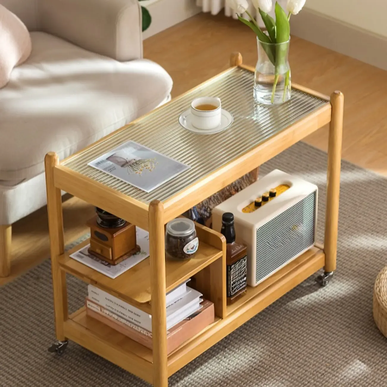 Rectangular Wide Nut-Brown Glass Top Side Table with Wheels Image - 2