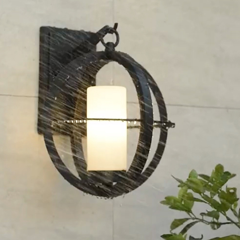Mini Industrial Metal Outdoor Wall Light White Glass Cylinder LED