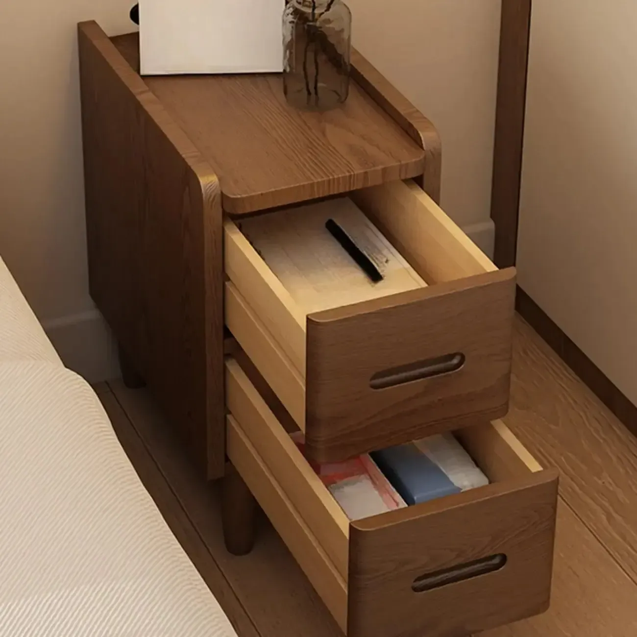 Compact Brown Wood Space-Saving Shelf Drawer Nightstand Image - 6