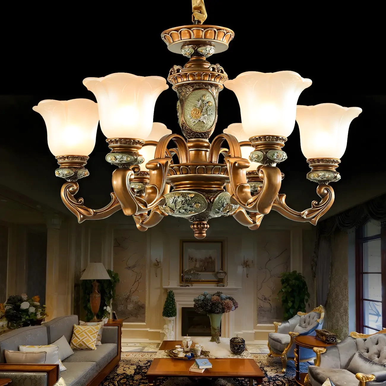 European Vintage Floral Frosted Glass Chandelier Image - 2 | homeyfad