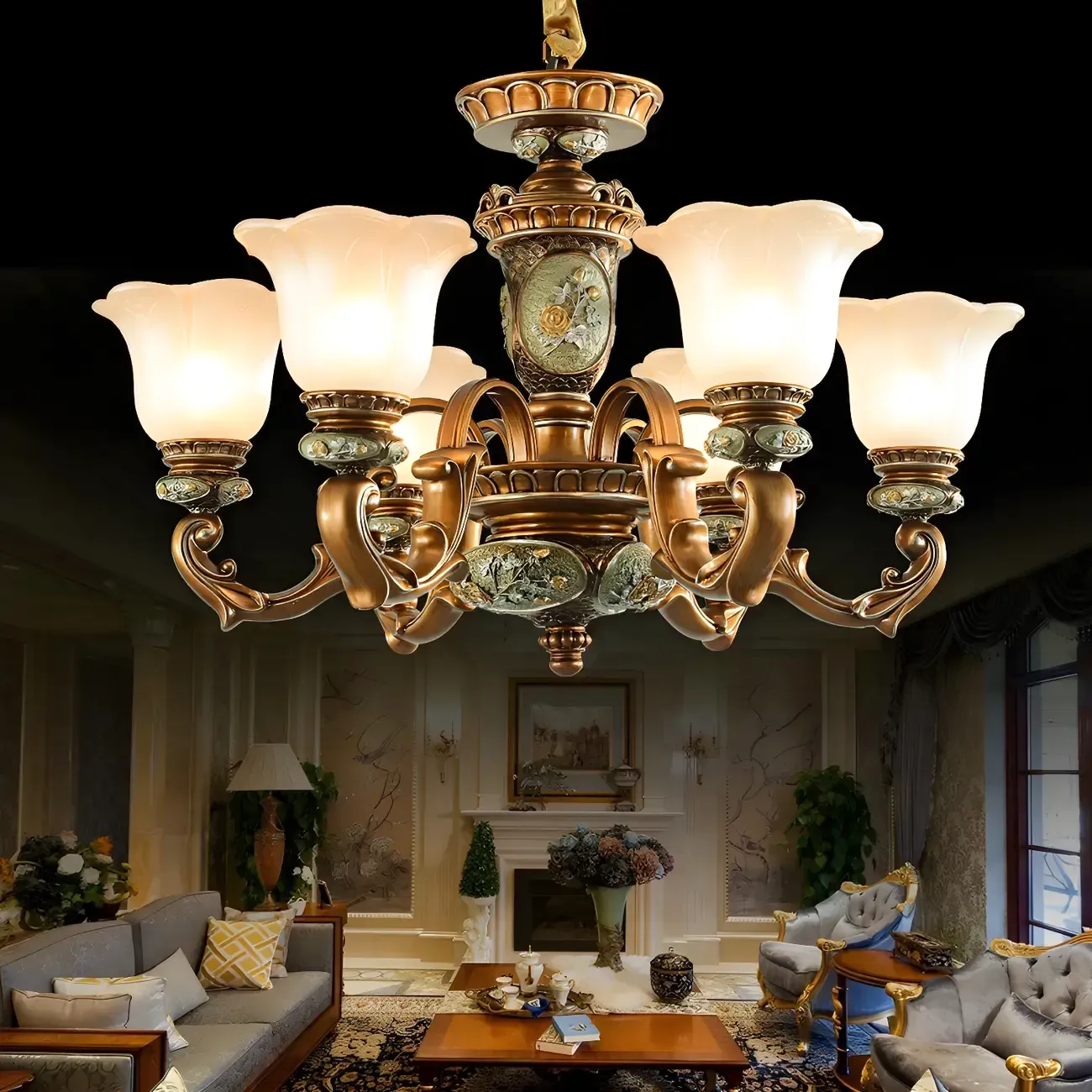 European Vintage Floral Frosted Glass Chandelier Image - 2