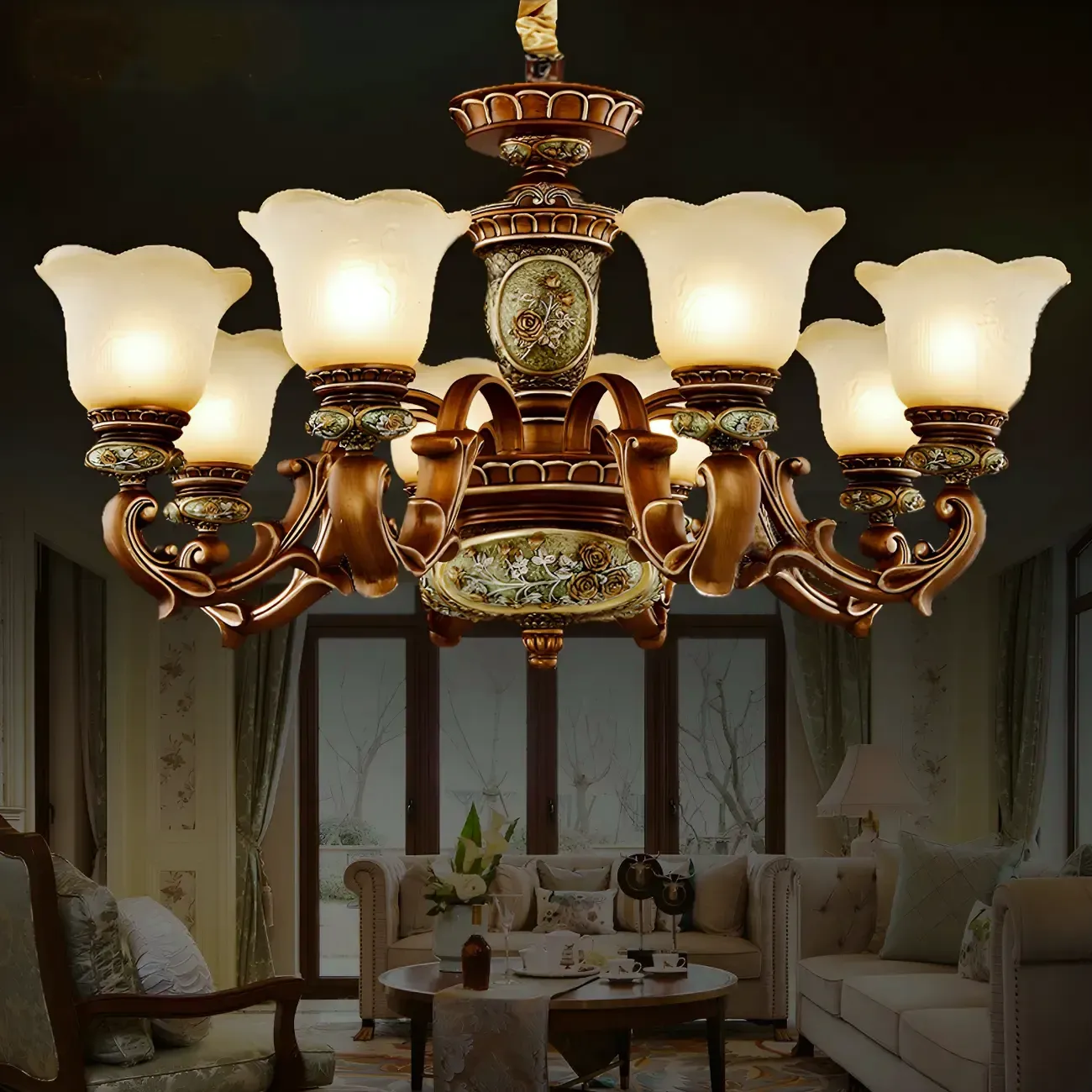 European Vintage Floral Frosted Glass Chandelier Image - 6