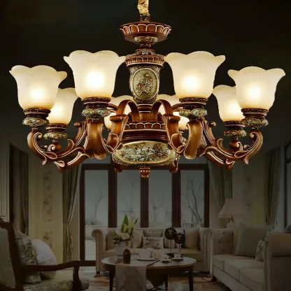European Vintage Floral Frosted Glass Chandelier Image - 6