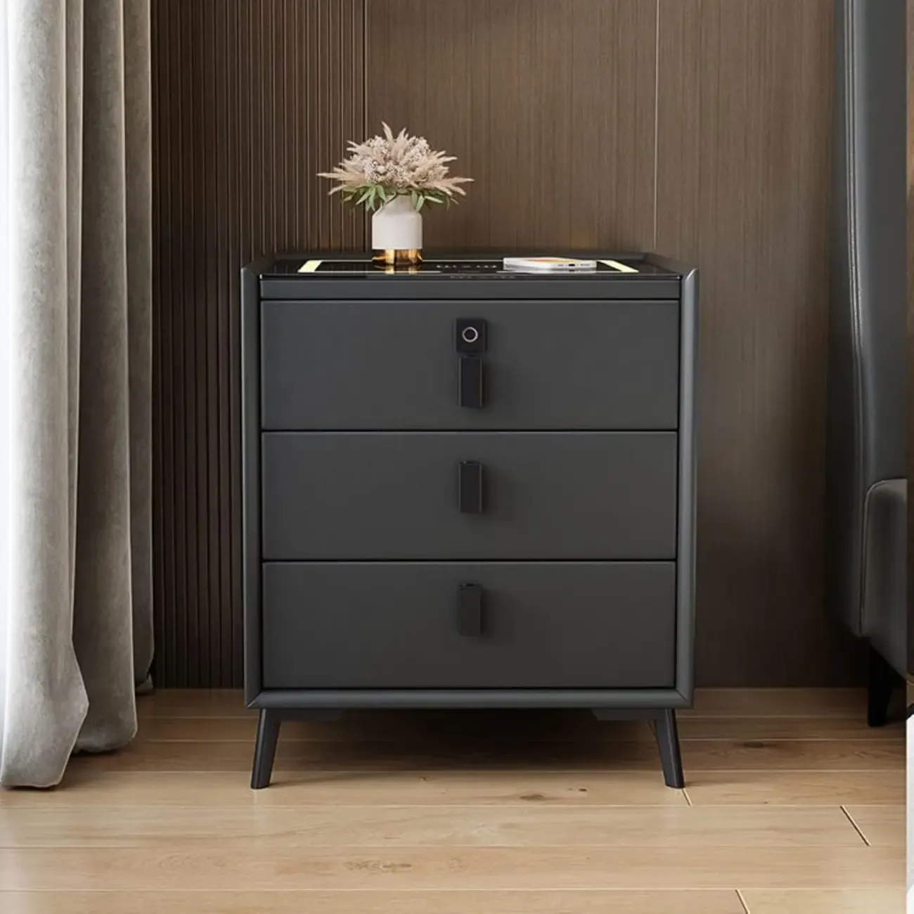 Narrow 3-Drawers Glass Top Wooden Nightstand with Light Image - 5