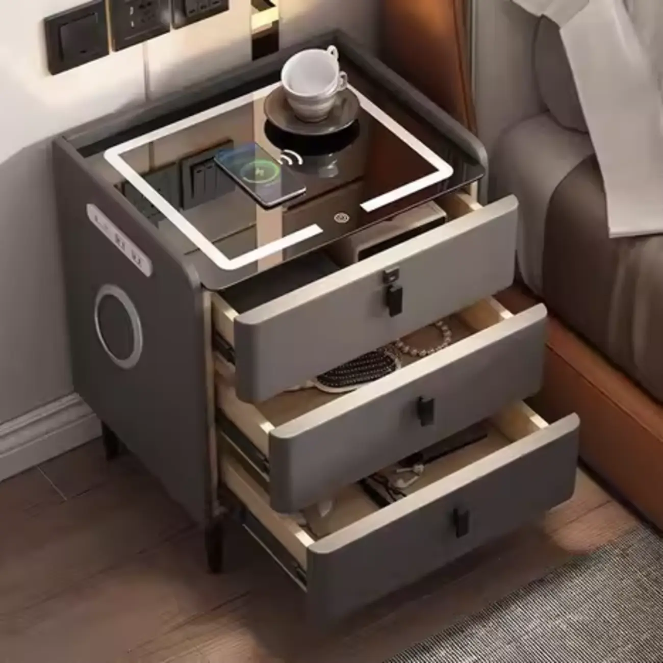 Narrow 3-Drawers Glass Top Wooden Nightstand with Light Image - 2 | homeyfad