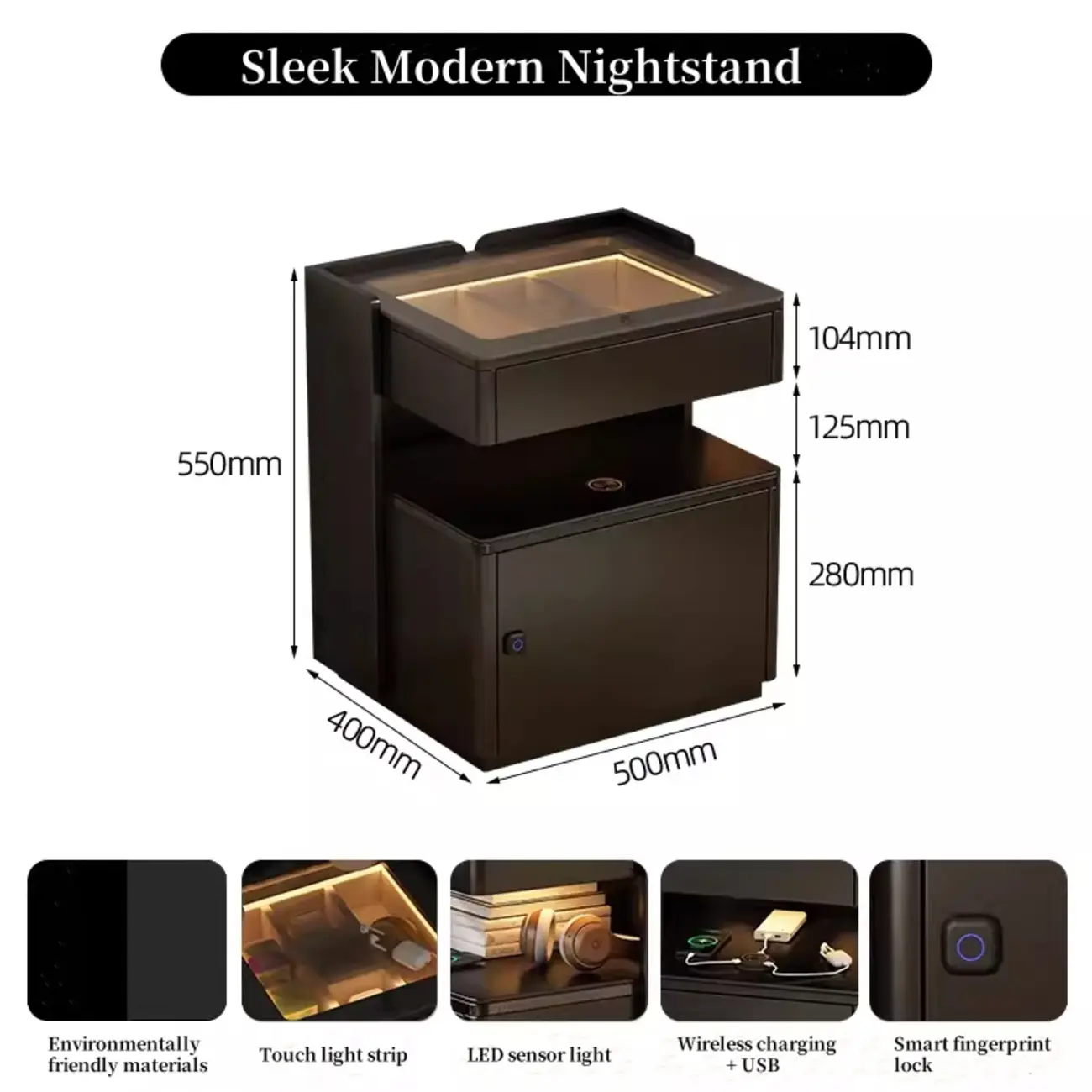 Modern Black Glass Top Drawer USB Nightstand with Cabinet Image - 6 | homeyfad