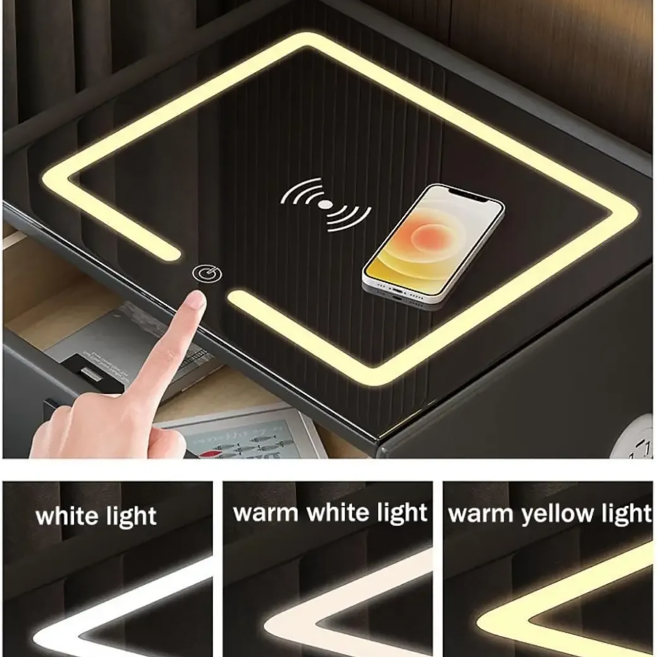 Narrow 3-Drawers Glass Top Wooden Nightstand with Light Image - 4 | homeyfad