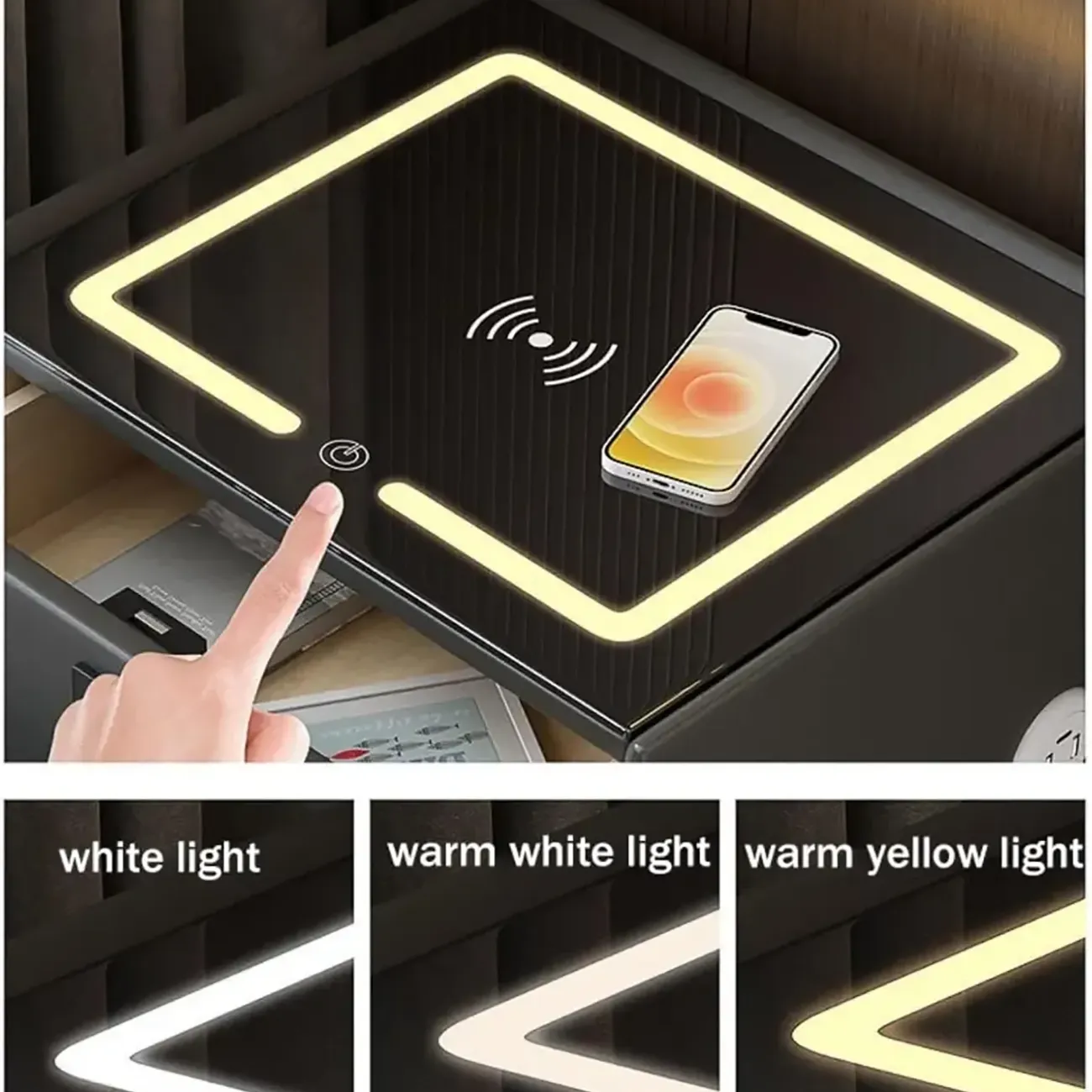 Narrow 3-Drawers Glass Top Wooden Nightstand with Light Image - 4