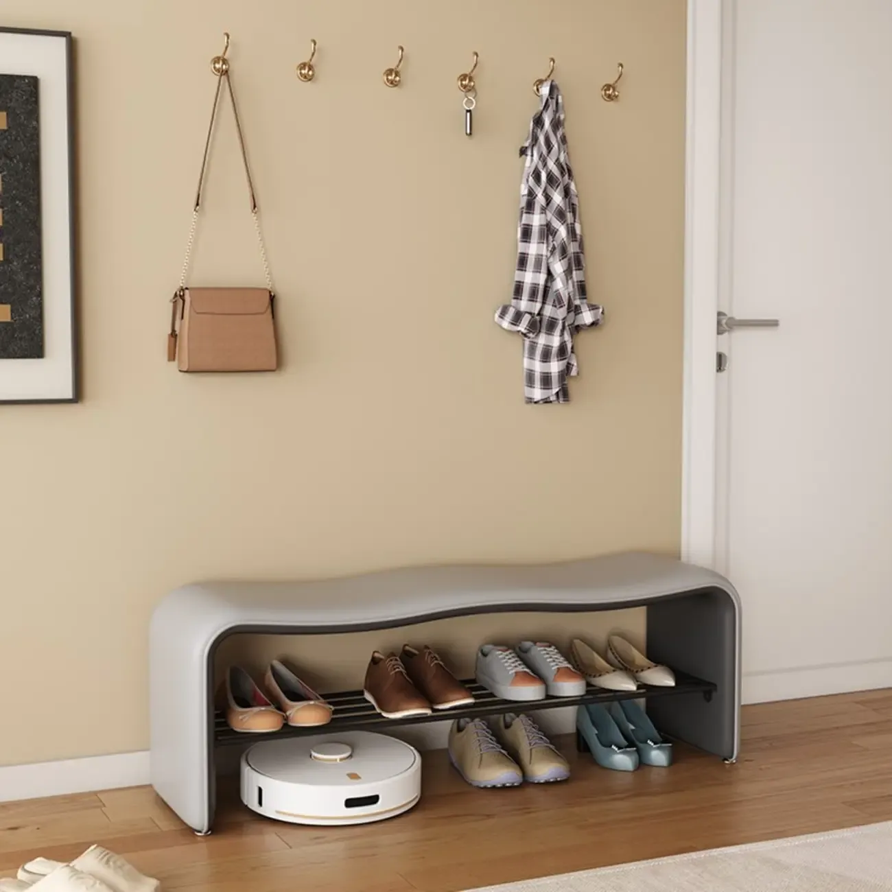 2-Seat Upholstered Metal Solid Color Storage Entryway Bench Image - 4