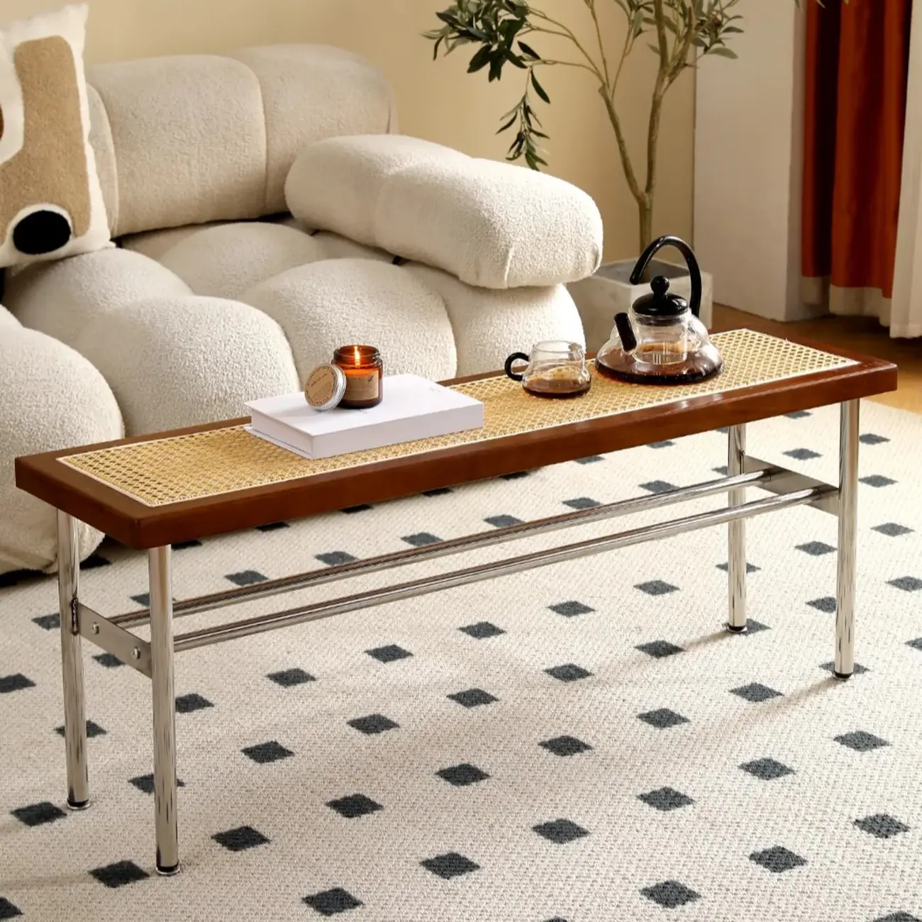 Retro Charming Rattan Metal Living Room Bench with Storage Image - 3 | homeyfad