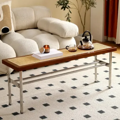 Retro Charming Rattan Metal Living Room Bench with Storage Image - 3