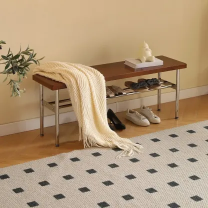 Retro Charming Rattan Metal Living Room Bench with Storage Image - 2