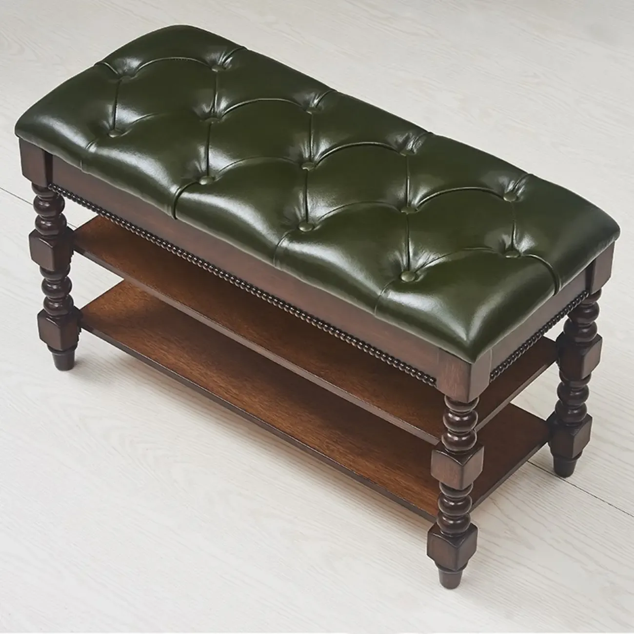 Antique Genuine Leather Flip-up Wood Bench with 2 Shelves Image - 3