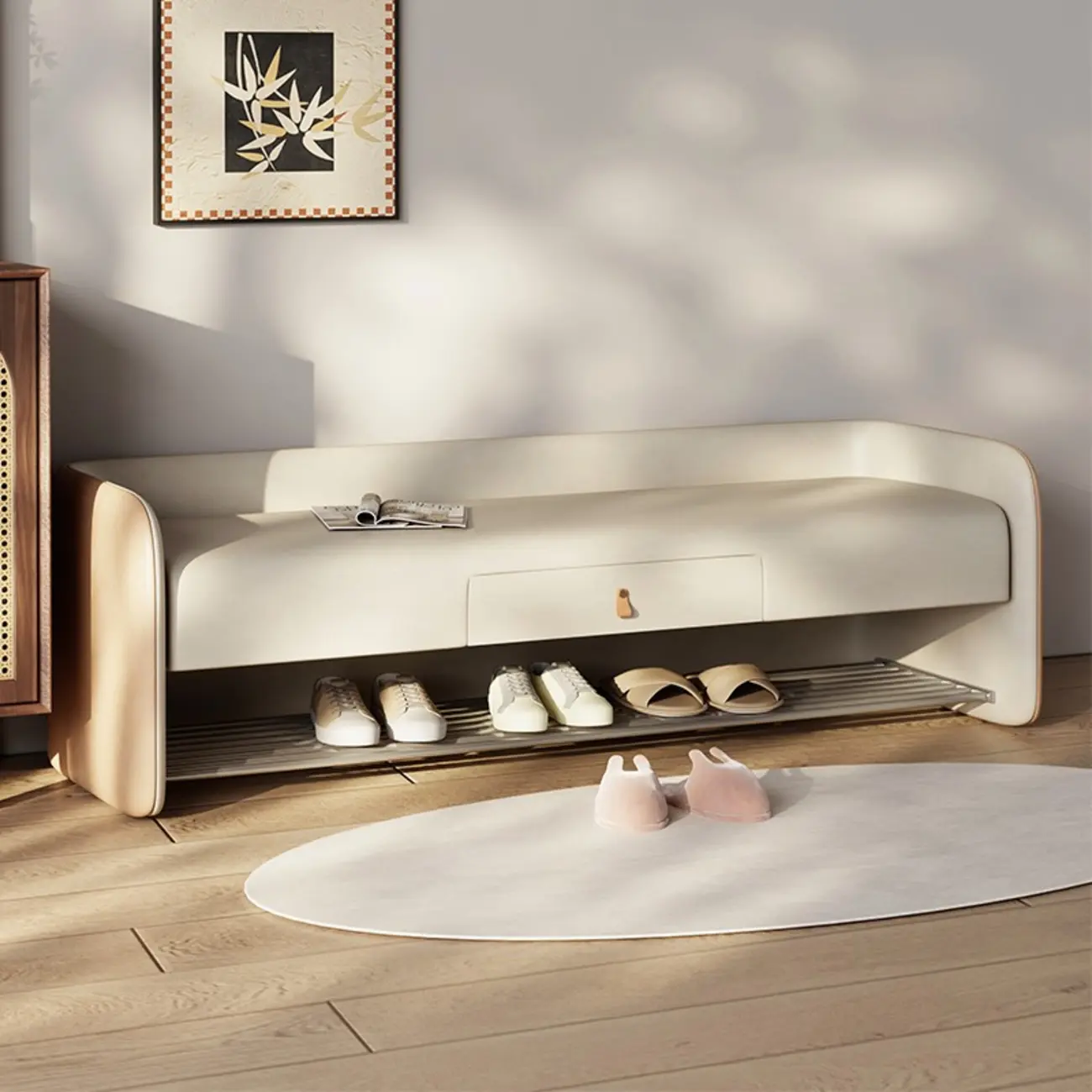 Living Room Pine Wood Upholstered Storage Bench with Backrest Image - 4 | homeyfad