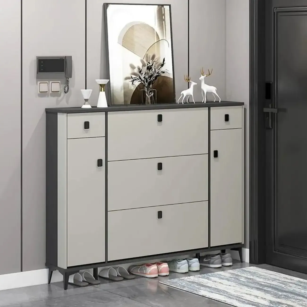 Narrow Black-White Solid Wood Drop Front Shoe Cabinet Image - 5