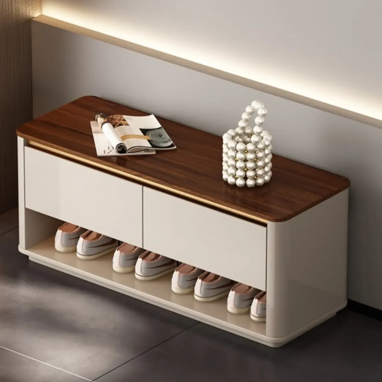 Luminous Low Wood Shoe Storage Bench for Entryway Image - 2