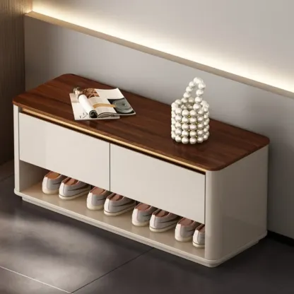 Luminous Low Wood Shoe Storage Bench for Entryway Image - 2