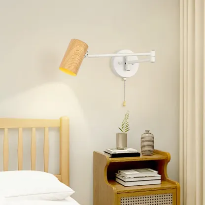 White and Black Metal Swing Arm Wall Light with Cylindrical Shade Image - 2