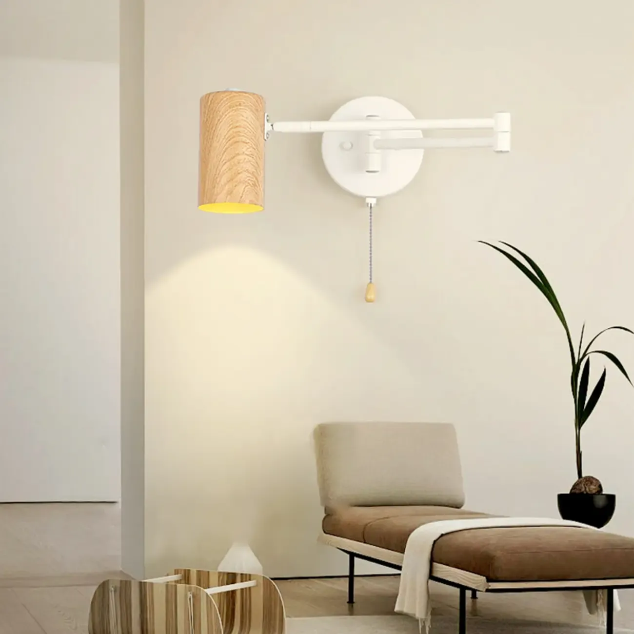 White and Black Metal Swing Arm Wall Light with Cylindrical Shade Image - 9