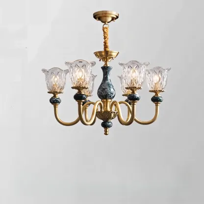 European Elegant Brass Flower Shape Clear Glass Chandelier Image - 4