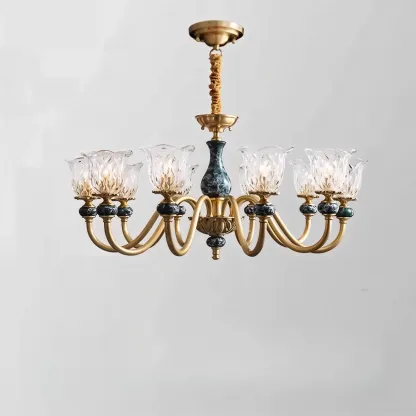 European Elegant Brass Flower Shape Clear Glass Chandelier Image - 5