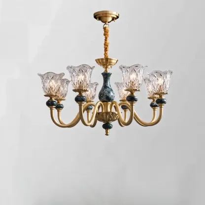 European Elegant Brass Flower Shape Clear Glass Chandelier Image - 7
