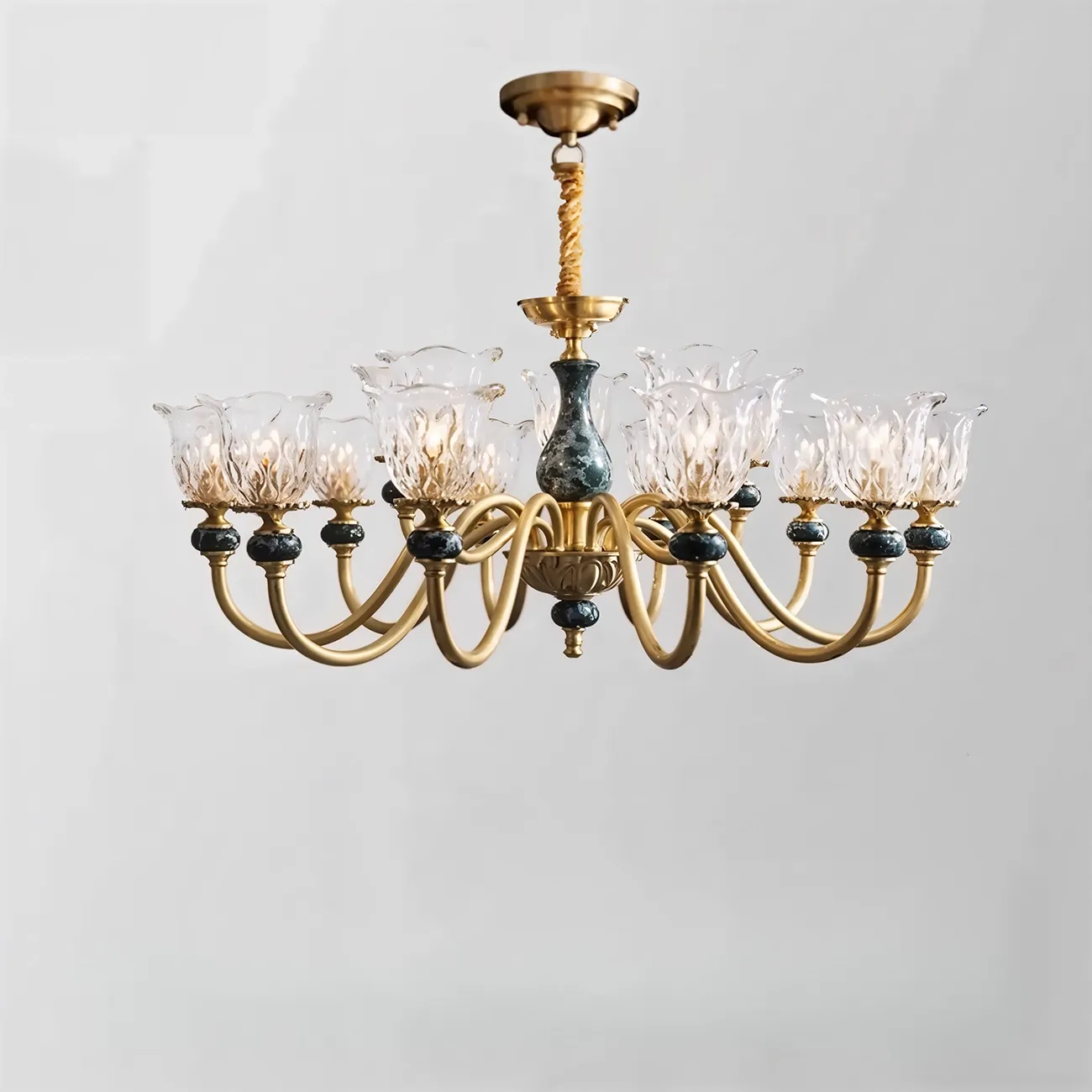 European Elegant Brass Flower Shape Clear Glass Chandelier Image - 8