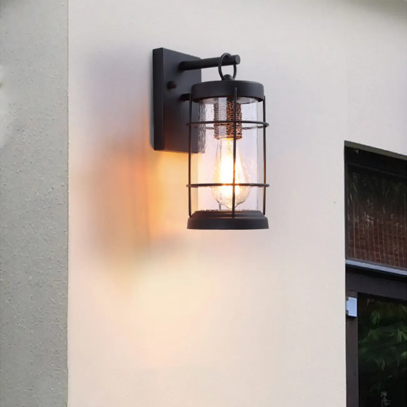 Industrial Outdoor Wall Light Black Metal Cylinder Glass Lantern Image - 3