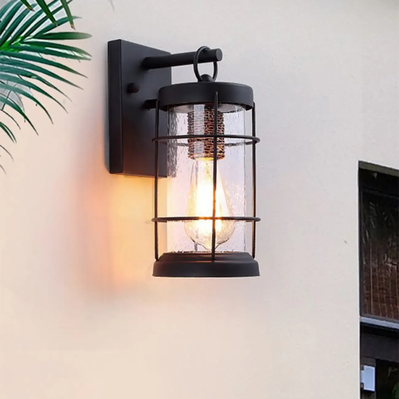 Industrial Outdoor Wall Light Black Metal Cylinder Glass Lantern Image - 1