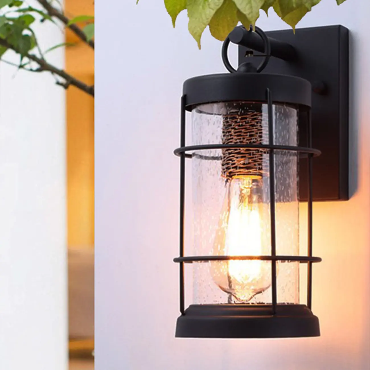 Industrial Outdoor Wall Light Black Metal Cylinder Glass Lantern Image - 4 | homeyfad