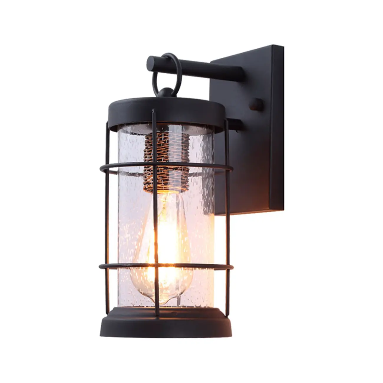 Industrial Outdoor Wall Light Black Metal Cylinder Glass Lantern Image - 5 | homeyfad