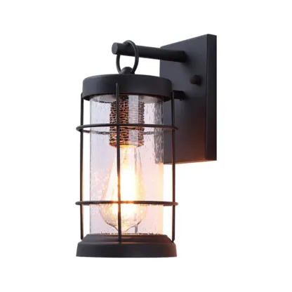 Industrial Outdoor Wall Light Black Metal Cylinder Glass Lantern Image - 5
