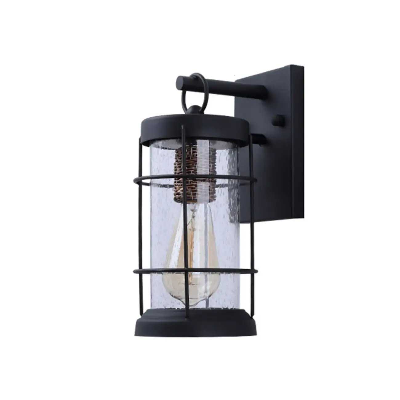 Industrial Outdoor Wall Light Black Metal Cylinder Glass Lantern Image - 6