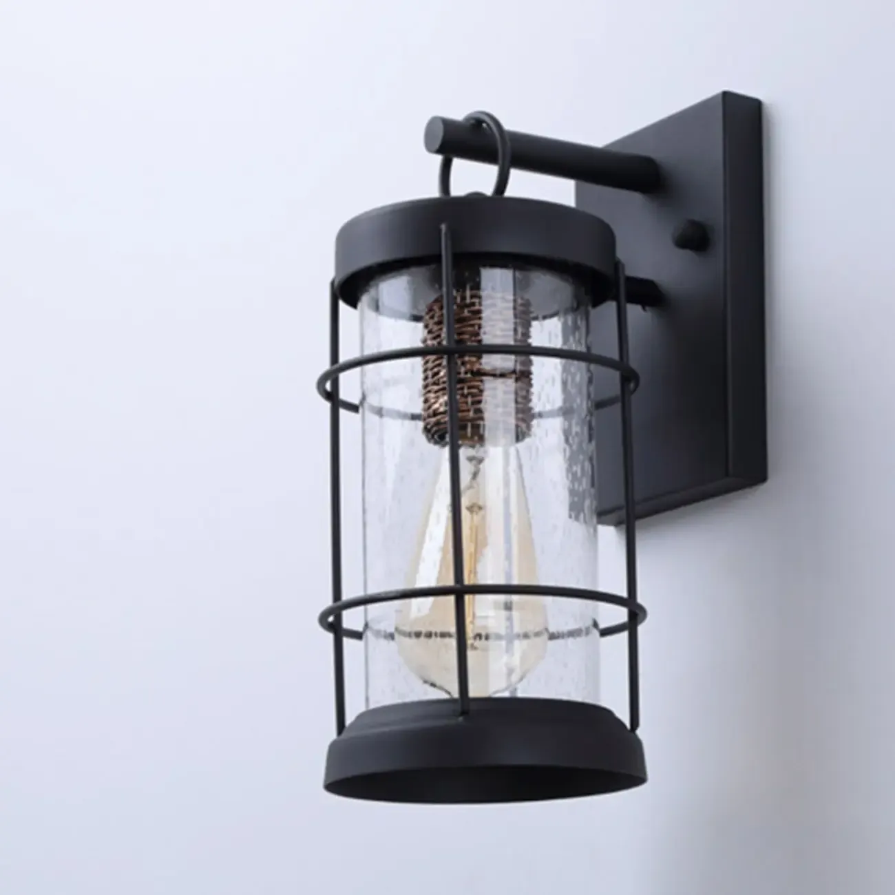 Industrial Outdoor Wall Light Black Metal Cylinder Glass Lantern Image - 10