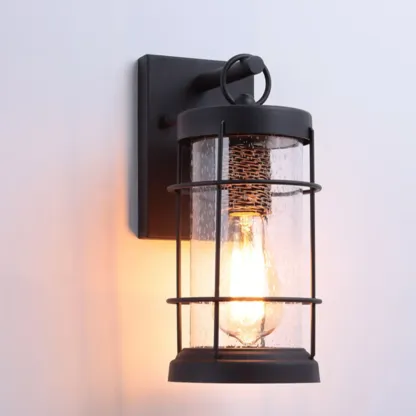 Industrial Outdoor Wall Light Black Metal Cylinder Glass Lantern Image - 11