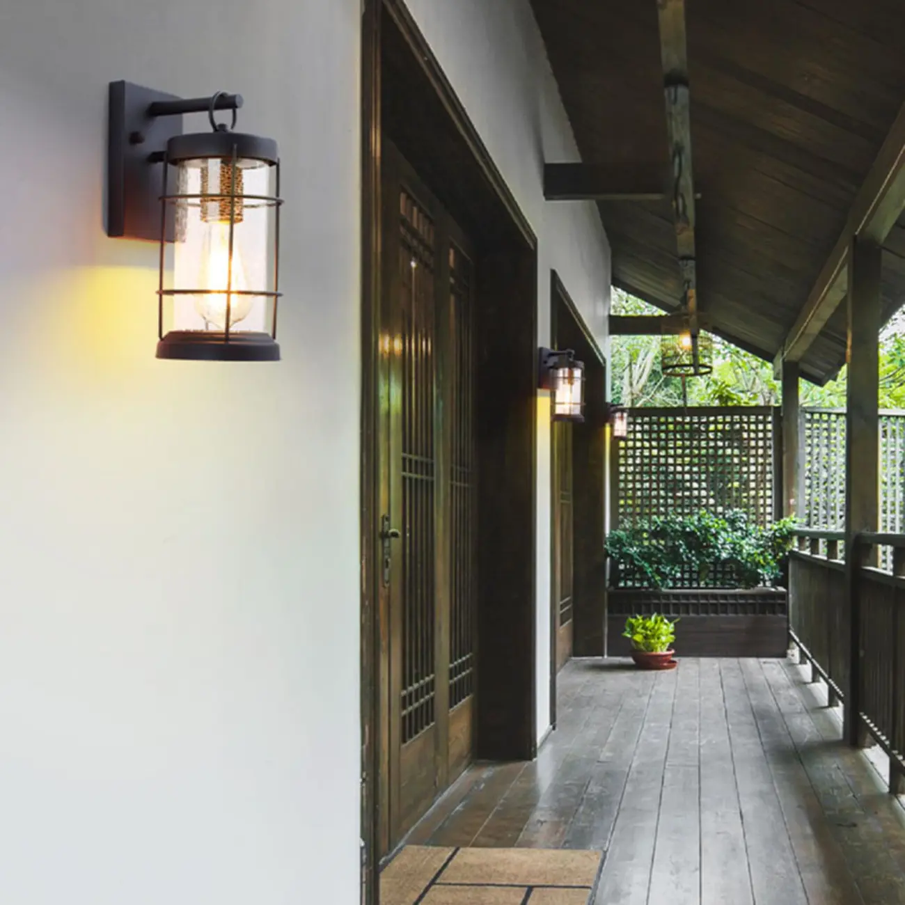 Industrial Outdoor Wall Light Black Metal Cylinder Glass Lantern Image - 12 | homeyfad