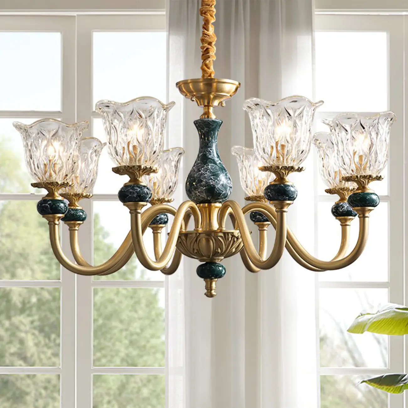 European Elegant Brass Flower Shape Clear Glass Chandelier Image - 1 | homeyfad