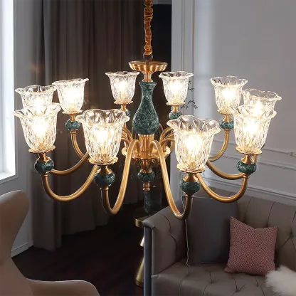 European Elegant Brass Flower Shape Clear Glass Chandelier Image - 2