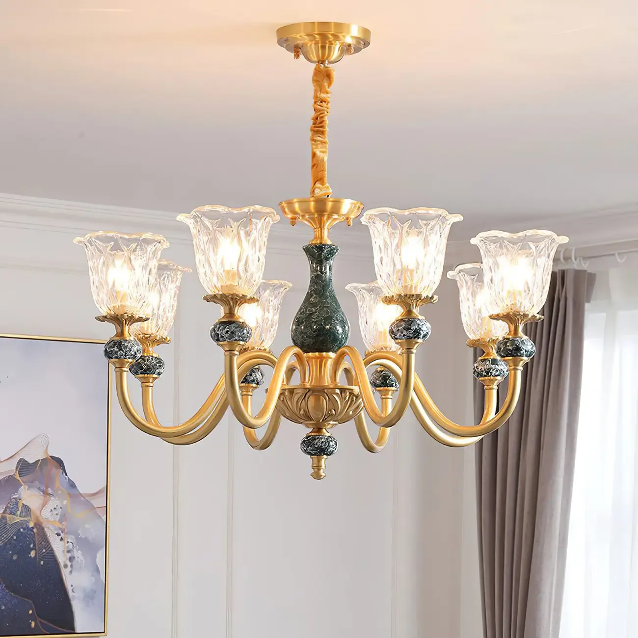 European Elegant Brass Flower Shape Clear Glass Chandelier Image - 3