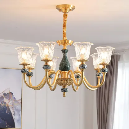 European Elegant Brass Flower Shape Clear Glass Chandelier Image - 3