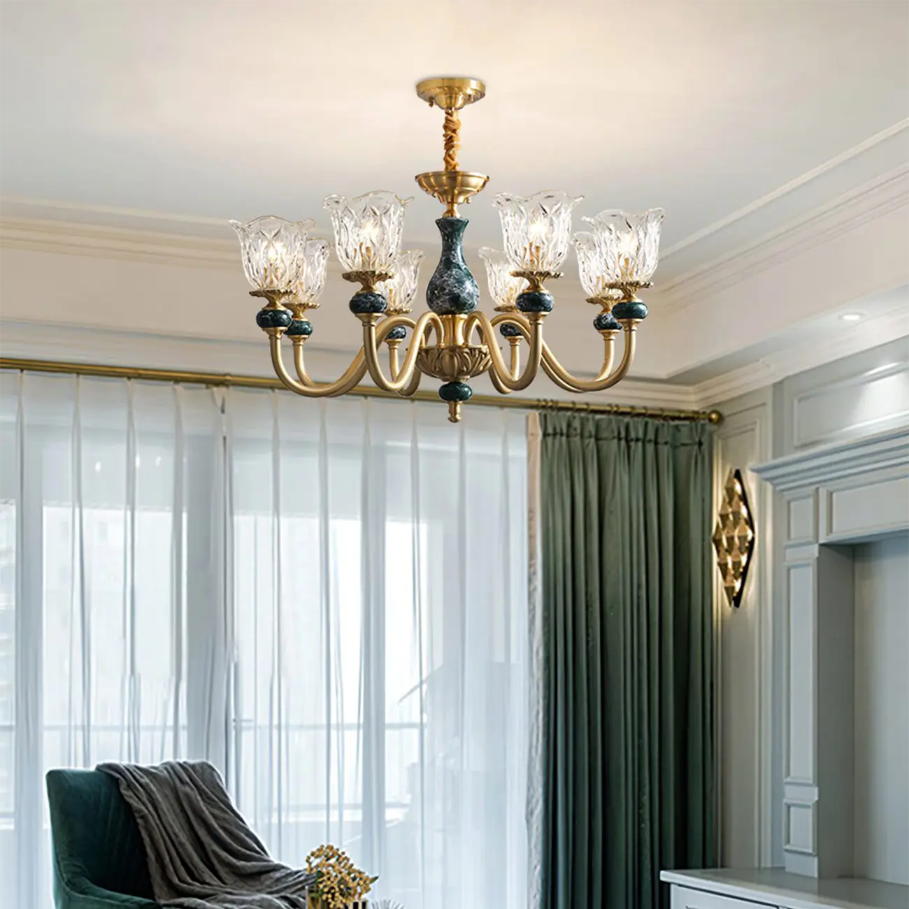 European Elegant Brass Flower Shape Clear Glass Chandelier Image - 5 | homeyfad