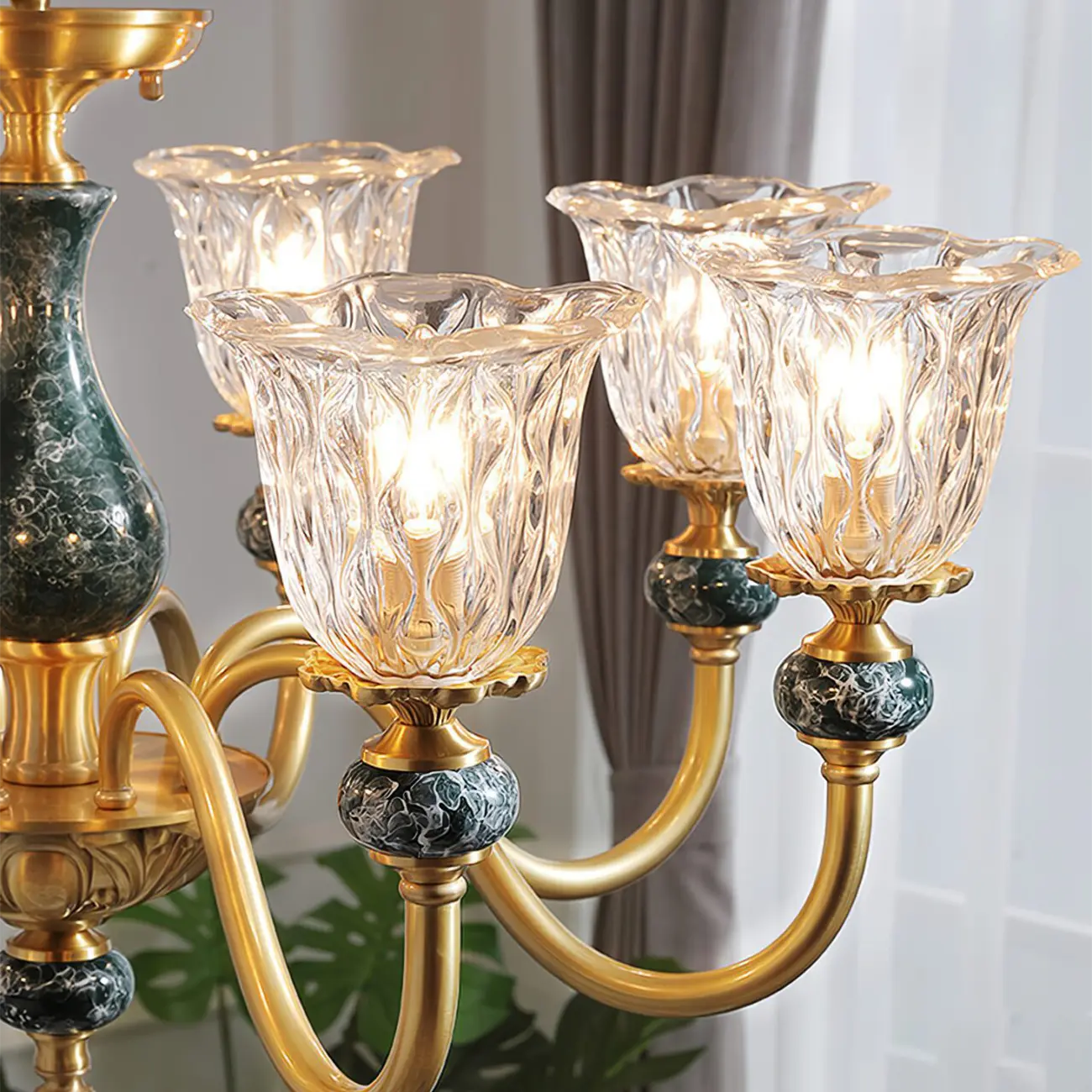 European Elegant Brass Flower Shape Clear Glass Chandelier Image - 7 | homeyfad