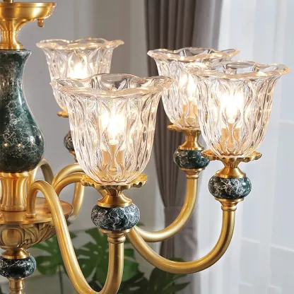 European Elegant Brass Flower Shape Clear Glass Chandelier Image - 7