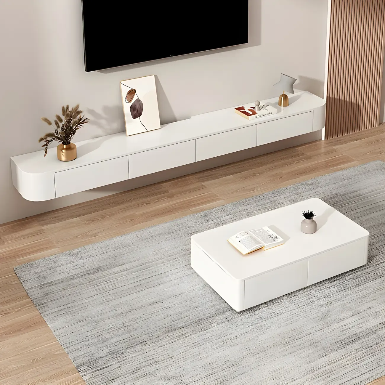 Modern Solid Wood Floating TV Stand with Drawers Image - 8