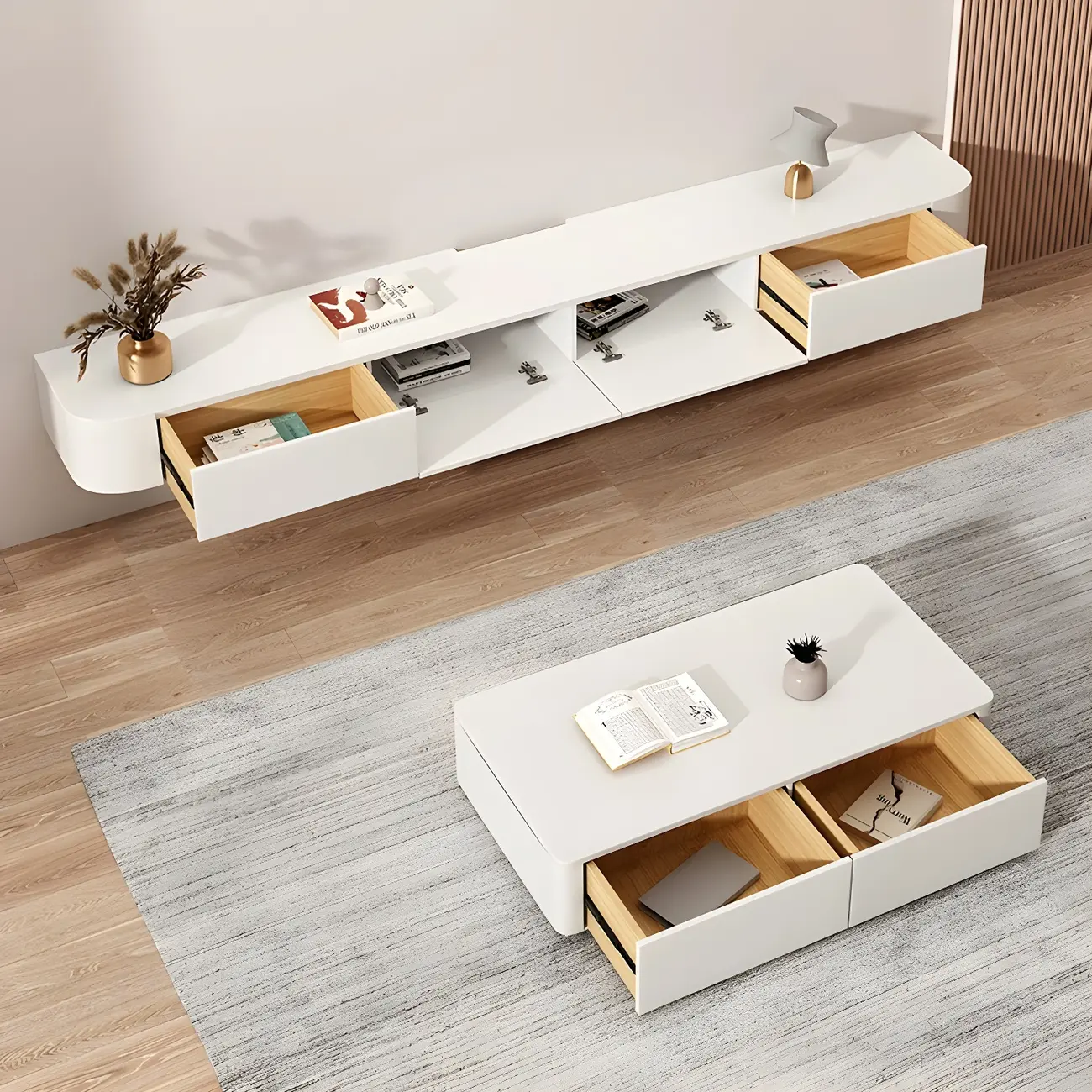Modern Solid Wood Floating TV Stand with Drawers Image - 3 | homeyfad