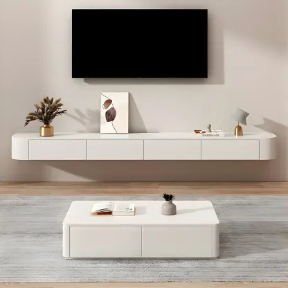 Modern Solid Wood Floating TV Stand with Drawers Image - 9