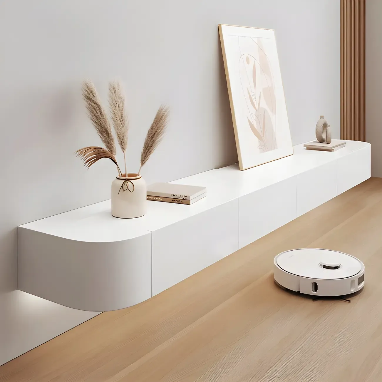 Modern Solid Wood Floating TV Stand with Drawers Image - 2