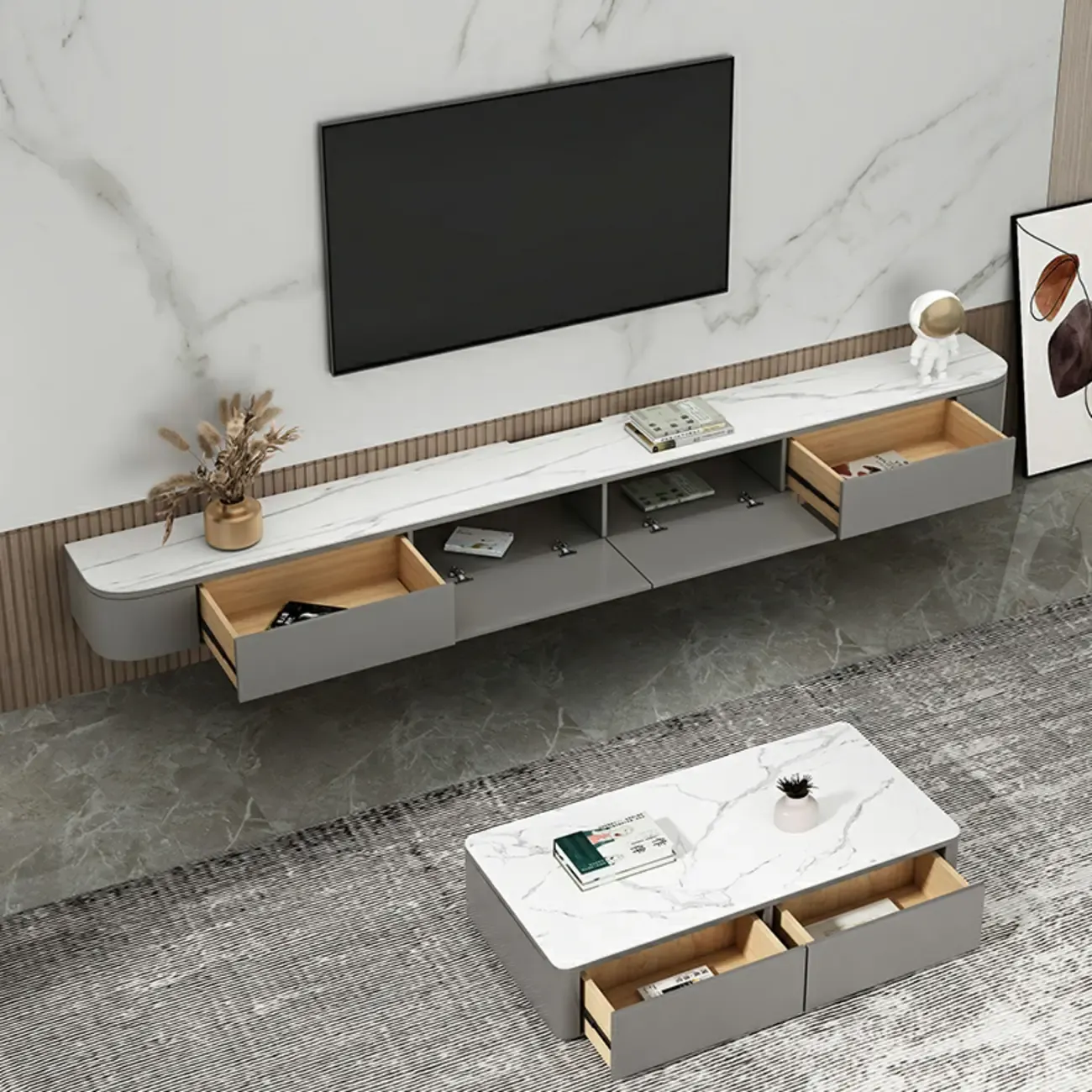 Modern Solid Wood Floating TV Stand with Drawers Image - 11