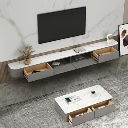 Modern Solid Wood Floating TV Stand with Drawers Image - 11